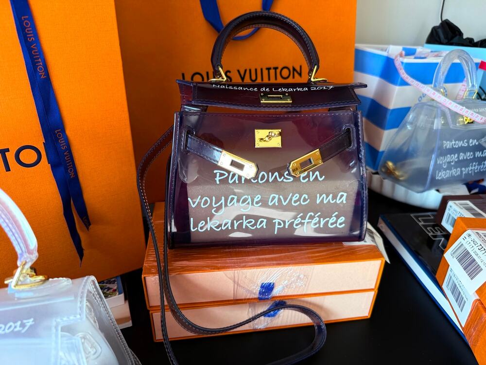 Lekarka Kelly 20cm Style Small BAG PVC Clear Turnlock Purse Brown Gold Crossbody